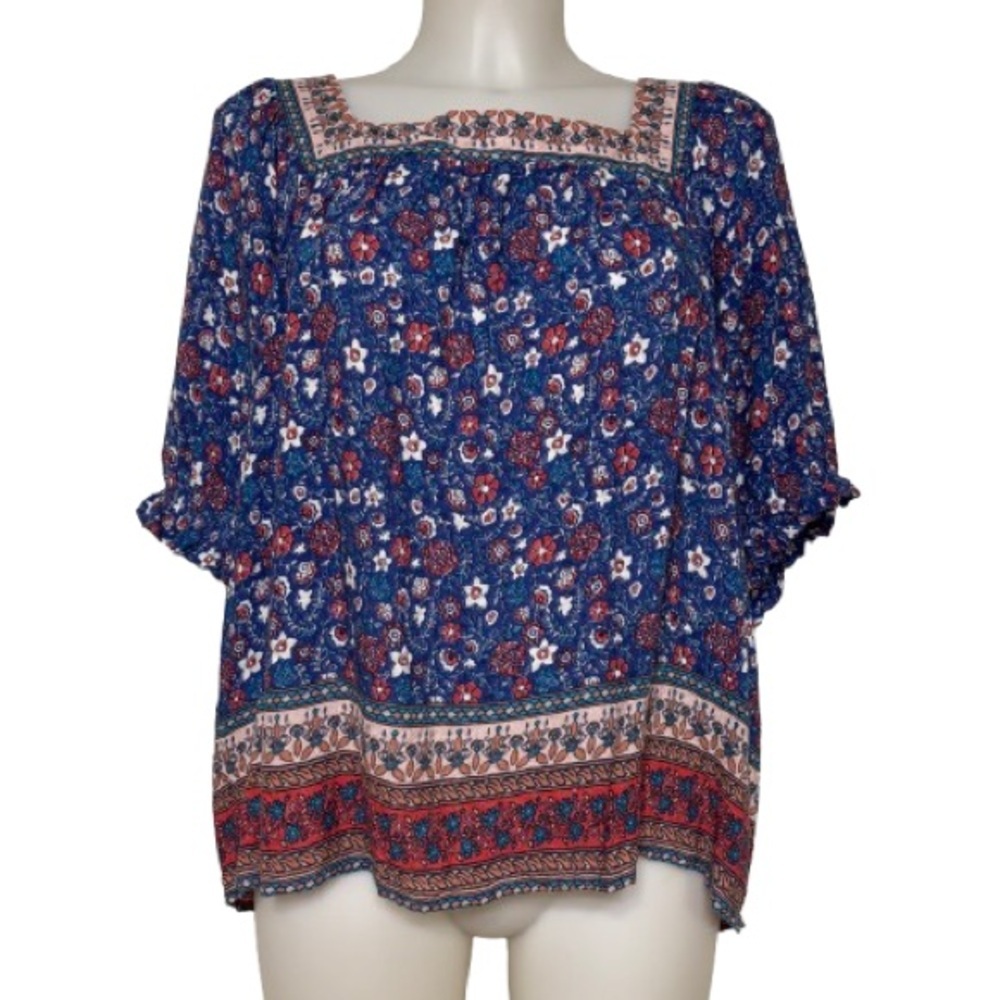Knox Rose Boho Floral Square Neck Peasant Blouse Size L